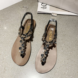Roman Flat Sandals Womens Summer Diamond Fairy Style Beach Sandals Slip-On Low Cut Rubber Sole Comfortable Flat Heel Shoes