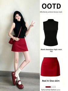 ZUKUN | Black Half-Neck Sleeveless Fashionable Tank Top Red Fitted A-Line Skirt