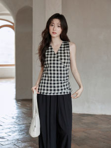 seemon | New Summer Korean Style Slim Fit Black Checkered Sleeveless Blouse