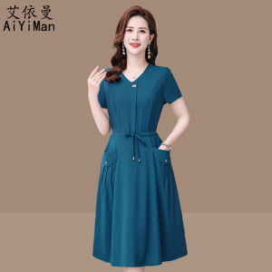 Elegant Mother Clothing New Arrival Short Sleeve Dress Slim Fit Slimming Middle-Aged Womens Fashion Midi Dress Shoelace Slimming Dress