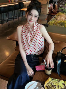 French Polka Dot Halter Neck Sleeveless Shirt Vest Womens Elegant Summer New Vintage Style Commute Loose Fit round Neck Top