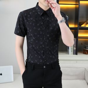 HENGYUANXIANG | Summer Ice Silk Flower Casual Short Sleeve Mens Shirt Standard Fit Button Detail No Iron Treatment Youth Trend Polyester Blend