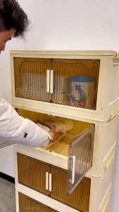 ตู้เก็บของพลาสติก ตู้เก็บของแบบมีฝาพับ ตู้ลิ้นชักพลาสติก มีล้อชั้นวางอเนกประสง ดีไซน์กันฝุ่นช พร้อมประตูตู้ใส พับได้ ความจุแบริ่ง 200KG กับล้อ ตู้เสื้อผ้า การปิดผนึก