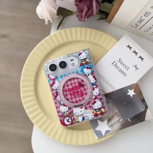 Sanrio | For IPhone Duo Sanrio Cute Cartoon Kitten Red Plaid Wrist Strap Magnetic Stand Phone Case Shockproof Anti Scratch Protect Cover