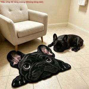 Thảm Trải Sàn VIKAMA Màu Đen Kiểu Pháp Bulldog 3D In Hình Chó Con Chống Trượt Thấm Hút Nước Dùng Cho Phòng Tắm Lối Vào Trang Trí Nhà Cửa