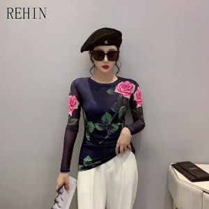 REHIN Áo Nữ Áo Thun Tay Dài In Hoa Lưới Thời Trang Mùa Thu Áo Cánh Thanh LịCh Mỏng Và Mỏng CỔ TRÒN
