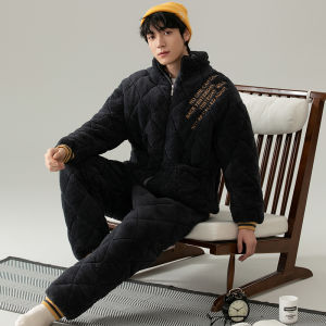 Miiow | Catman Mens Sleepwear Winter Thickened Coral Fleece Home Clothes Set Outdoor Wear Long Sleeve Stand Collar Polyester Fiber