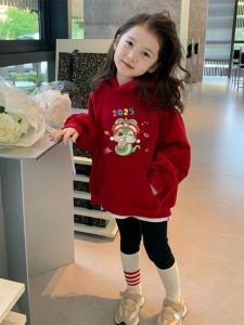 เสื้อสเวตเตอร์ฮู้ดคอตตอนบุขนแกะสีแดงสำหรับเด็ก ชุดปีใหม่ 2025 ปีงู ฤดูใบไม้ร่วง/ฤดูหนาว เสื้อตัวบนลายการ์ตูนสำหรับเด็กชายและเด็กหญิง