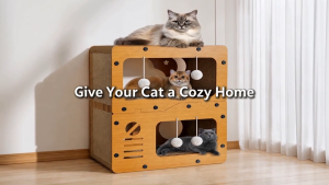 GREENPETS 2-Tier Double Door Cat House with Corrugated Cardboard Scratcher Natural Wood Cat Condo Bed Spacious Multi-Cat Playhouse for Indoor Cats