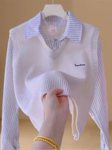 Womens Long Sleeve Knitted Shirt Casual Layering Spring New Style Sweet Style Loose Fit Polo Collar Short Length Striped Patchwork