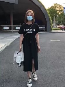 Korean Style Large Fashionable Short Sleeve A-line Midi Long Dress Unique Contrast Color Lace Up Round Neck Dress