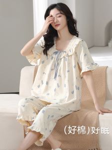 MiiOW | Bộ đồ ngủ cotton tay ngắn mùa hè cho nữ Bộ đồ ngủ cotton ngọt ngào phong cách công chúa Bộ đồ mặc nhà hai mảnh
