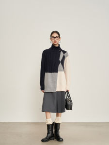 Black Checked Knit Loose High Collar Stylish Coat