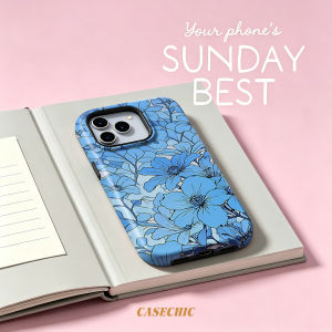 Potdemiel | Line Art Blue Bloom For 2 in 1 Flower Case For iPhone 17 16 15 14 13 Pro Max Luxury Shockproof Phone Cover