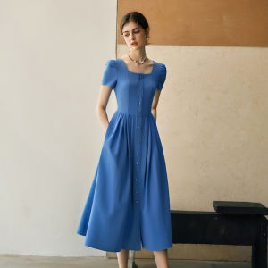 OLrain Spring 2026 Klein Blue Holiday Style Short Sleeve Dress Waist Cinching Slimming Long Dress French Style Button Detail A-Line Skirt