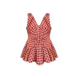YUEZHONGWEI | French V-neck Red Plaid Strapless Slimming Top Women Summer Outdoor Wear Unique Beautiful Waist-cinching Sleeveless Shirt
