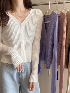 Soft Gentle Wind Thin Long Sleeve V-Neck Knitted Open Cardigan Womens Spring Autumn New Style Outerwear Lace Sweater Jacket Short Top