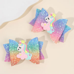 2Pcs Rainbow Unicorn Cartoon Hair Clip Kawaii Sweet Pastel Glitter Bow Hairpin For Girls & Kids Headwear Childrens Accessories