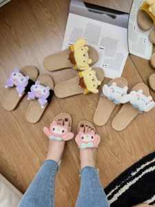 Adorable Cartoon Hemp Slippers for Women Summer Style Flat Heel Indoor Use Four Seasons Anti-Slip Deodorizing Floor Slippers