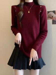 เสื้อสเวตเตอร์ถักคอปกสูงครึ่งตัวสีแดงสำหรับผู้หญิง ทรงหลวม แขนยาว ปกติ ฤดูใบไม้ผลิและฤดูใบไม้ร่วง แฟชั่นลำลอง