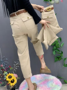 Spring Pure Cotton Denim Straight Leg Dad Pants Fashion Workwear Pocket Detail Anti-Wrinkle Nine-Tenths Casual Trousers