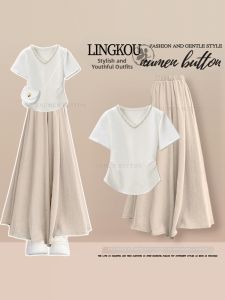 NUMEN BUTTON | Summer High-end Rhinestone Shoulder T-Shirt High-waist Casual Pants Set