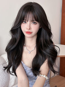 Wig Womens Long Curly Hair Big Wave Full-Head Wig Nature Realistic Beauty Straight Bangs Full Top Wig Sheath Dark Brown