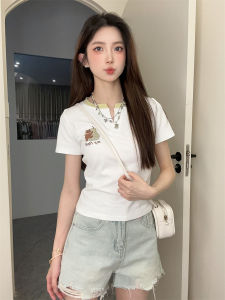 Áo Thun Cotton Ngắn Cổ Chữ V Thêu Ôm Vừa Vặn Thời Trang Mùa Hè Cho Nữ Áo Thun Tay Ngắn Cổ Chữ V Thêu Thon Gọn