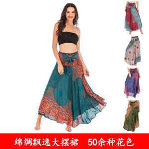 Mandala Silk Chiffon Flowing Dress Half Skirt Beach Holiday Dress Women Two Wear Dance Large Skirt Vintage Print High Waist A-line Long Dress
