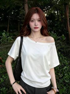 XINDADANG | Off Shoulder V-neck Short Sleeve T-shirt Women Summer New White Loose and Slim Fitting