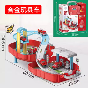 Childrens DIY Assembly Track Vehicle Toy Backpack Transformable Parking Lot Storage Set Railway Model Car Playset for Kids