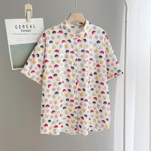 Sweet Japanese Style Short Sleeve Cotton Shirt Womens Loose Fit Summer Top Cartoon Pattern POLO Collar Button Detail