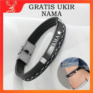 Ukiran Gratis Gelang Kulit Kepang Gelang Hadiah Gesper Besi Anti Karat Gelang Fashion Pria Panjang Disesuaikan GRATIS UKIR NAMA