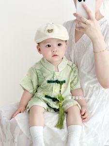 Chinese Style Baby Boy Romper Summer Thin Full Moon Month One Hundred Days Summer Outfit Infant Clothing Long Sleeve Single Button