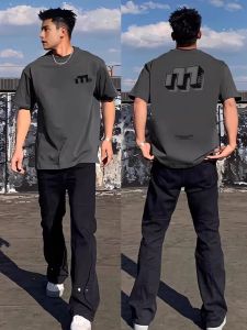 Loose Fit Mens Short Sleeve T-Shirt Deep Grey Cotton Casual Style Summer Fashion Retro American Brand Printed round Neck Tee