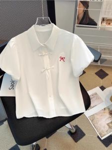 เสื้อเชิ้ตแขนพองปักลายสไตล์หวานสีขาว ทรงเข้ารูป คอปก แขนสั้น แฟชั่นฤดูร้อน สำหรับผู้หญิง ชุดทำงาน ชุดทำงาน