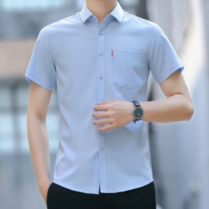 Summer Ice Silk Short Sleeve Shirt with Pockets Mens Business Formal Leisure Professional Non-Ironing Stretch White Shirt