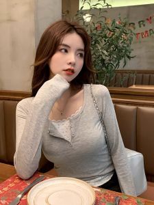 Lace Patchwork Long Sleeve T-Shirt Womens Slim Fit Inner Wear Base Shirt Trendy Top Yoga Travel Fitness Party Business Daily