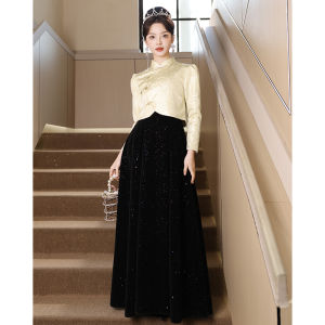 Elegant Chinese Style Cheongsam Dress Set Long Sleeve Evening Gown for Adults Art Exam Host Winter Formal Party Womens Clothing