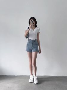 Pinggang All-Match Denim Celana Pendek Wanita Musim Panas Baru Jaring Merah Kata Slim Elastis Tiga Titik Hot Pants Ins Jeans Celana Hitam Cewek Legging