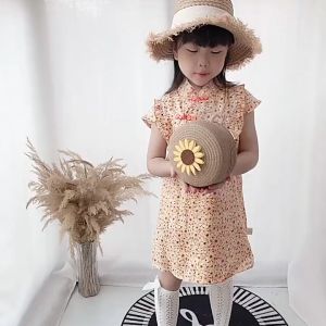 Straw Bag Round Summer Straw Woven Beach Bag Purse For Women Vocation Tote Handbags With Sunflower Design for Kid