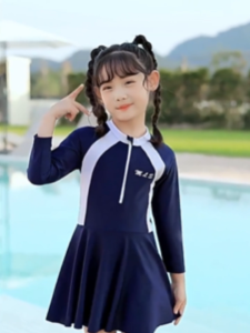 [Fast Shipping] Kids Long Sleeve Swimsuit for Girl 7-15 Yrs Quick Dring Sun Protection One-Piece Swimwear for Kids