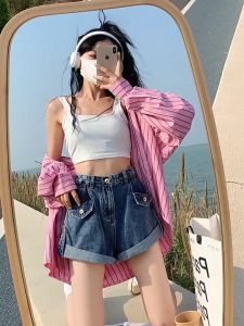 Gdhes house กางเกงยีนส์สั้นขากว้าง ปลายขาม้วน สียีนส์เอวสูง สำหรับตัวเล็ก cv73