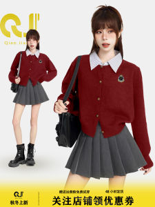 New Year Red Preppy Style Polo Neck Fake Two-Piece Knitwear Jacket Women Autumn Winter Lazy Short Knitted Open Cardigan Top