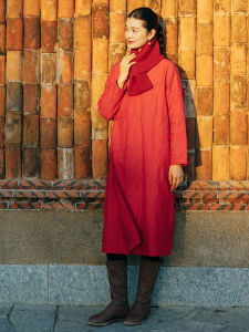 Handmade Chinese Style round Neck Cotton Linen Dress Red Patchwork Long Sleeve Midi Skirt Traditional Embroidery National Trend