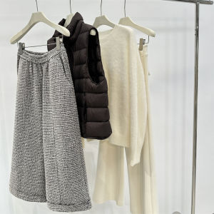 French Style Shiny Thread Wide Leg Eighteen Pants Womens Fleece Lined Straight Long Trousers Winter Casual Pants