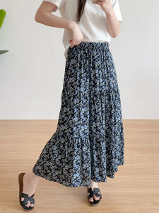 Summer Cotton Silk Dress Womens Thin Loose Slim Floral Artificial Cotton Half Skirt Versatile Wide Skirt Beach Skirt