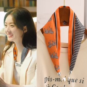 Elegant Long Silk Scarf Womens Spring Autumn Fashionable Versatile Thin Decorative Magnetic Buckle Scarf for Mothers