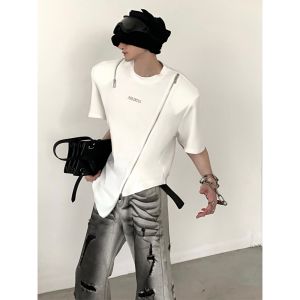 Metallic Zipper Shoulder Pad Short Sleeve T-Shirt Men Summer Punk Style Casual Loose Fit round Neck Brand Logo Print Tee