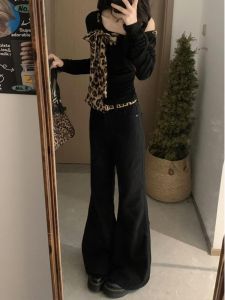 Black Spotted Leopard Print One Shoulder Long Sleeve T-Shirt Womens Spring Autumn Design Unique Waist Cinched Short Top